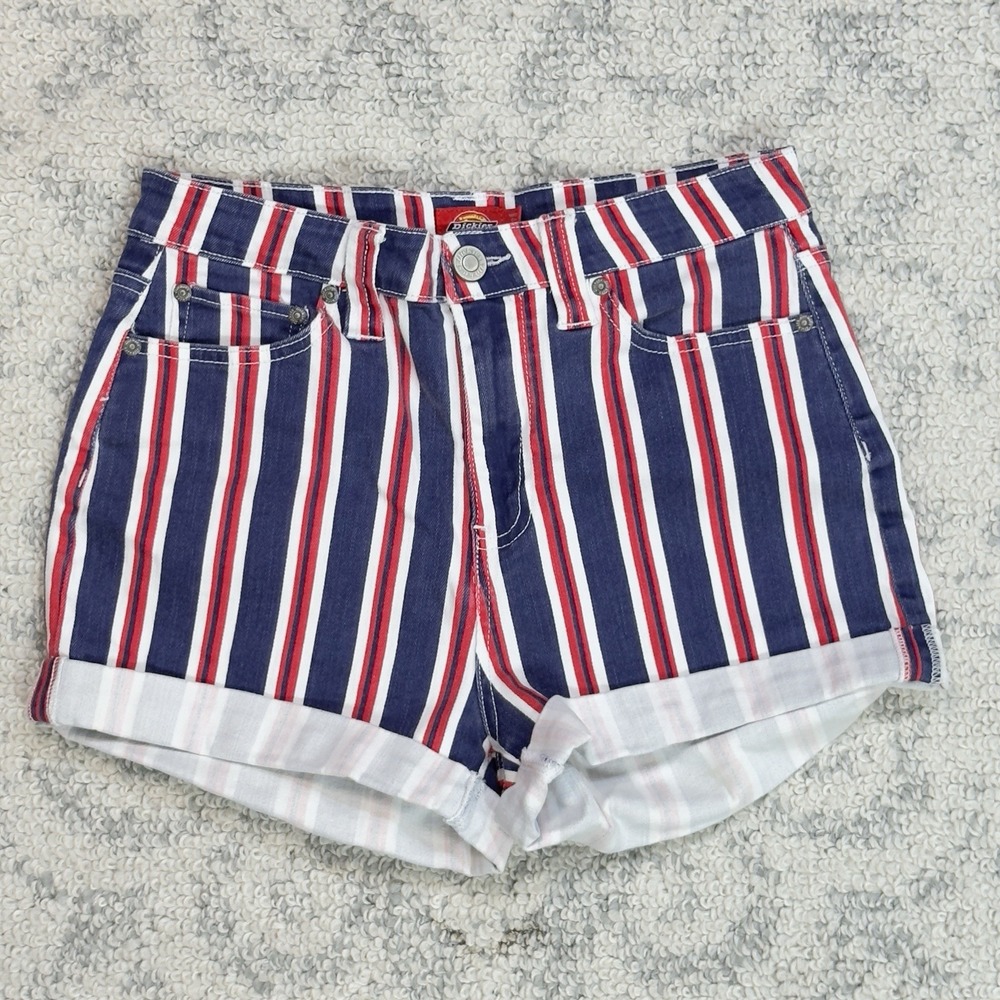 Dickies Red‎ White Blue Striped Cuffed Stretch Shorts Size 7/28 PATRIOTIC SUMMER